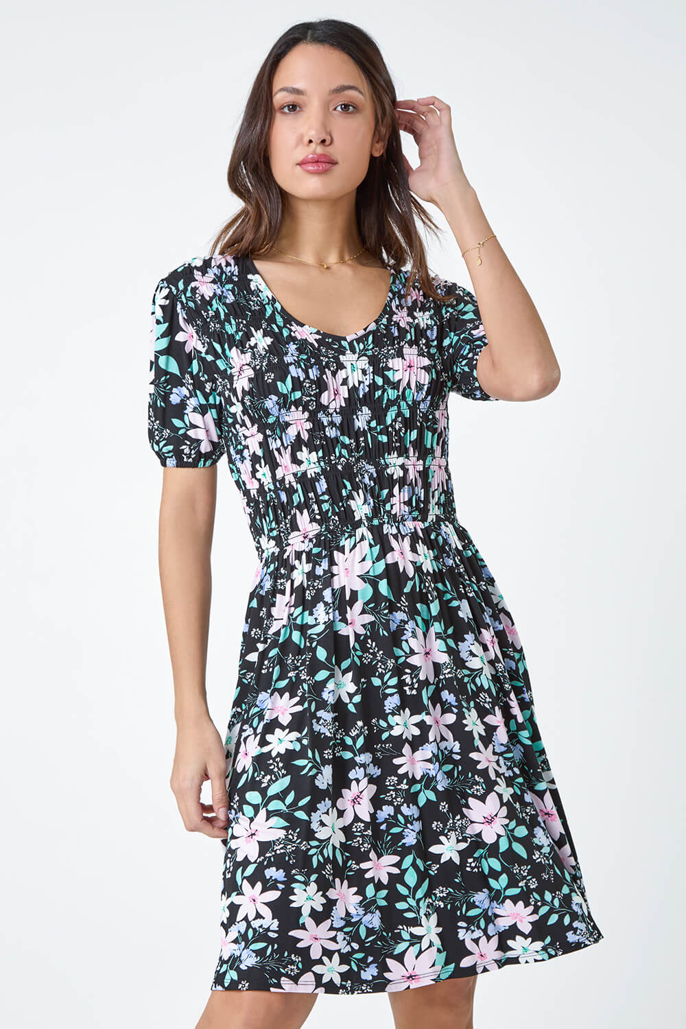 Black Floral Print Shirred Stretch Dress