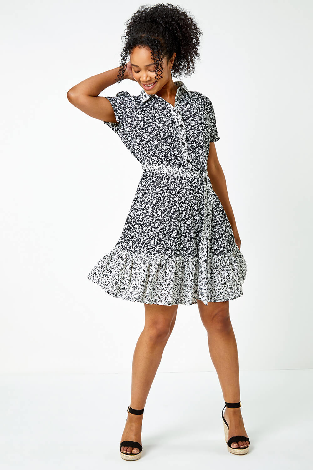Black Petite Ditsy Floral Shirt Dress
