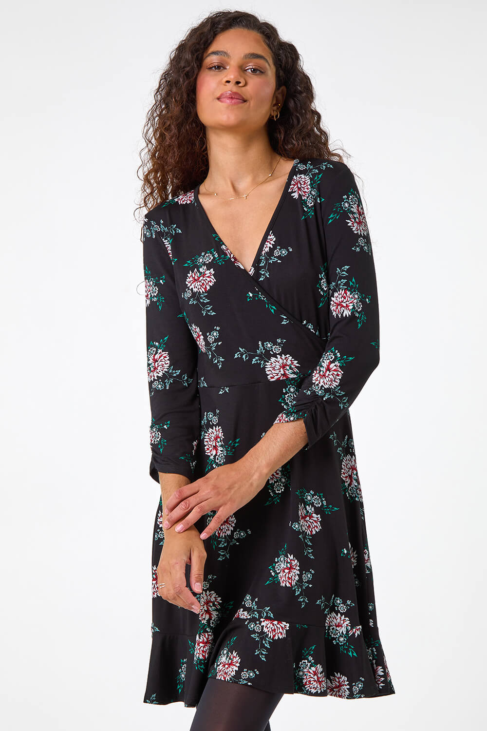 Black Floral Print Wrap Front Stretch Dress