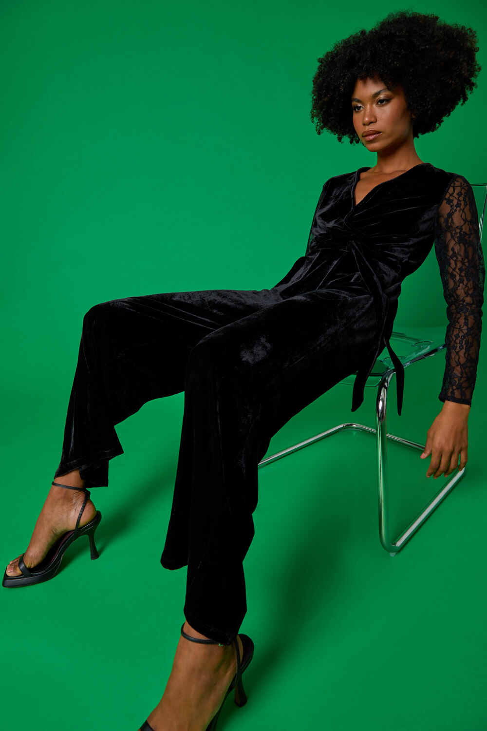 Black Lace Sleeve Velvet Wrap Jumpsuit