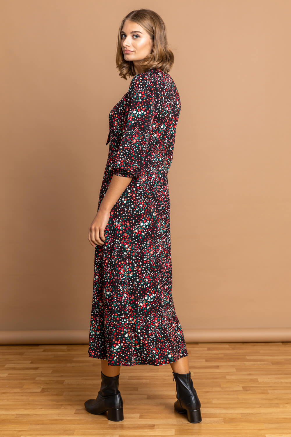 Black Ditsy Floral Tie Front Midi Dress