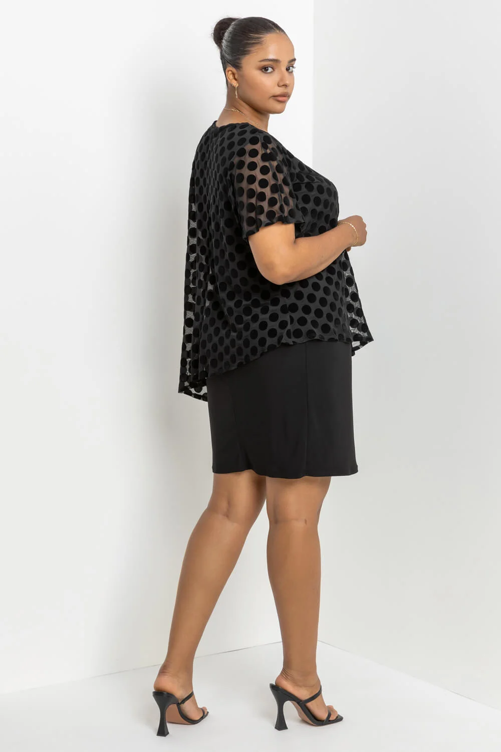 Black Curve Flock Spot Overlay Dress