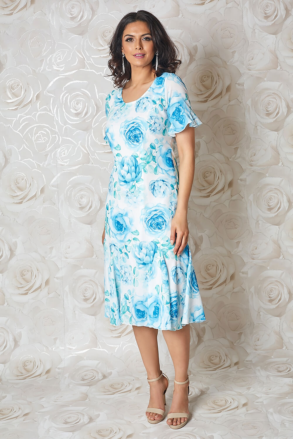 Aqua Floral Print Bias Cut Midi Dress