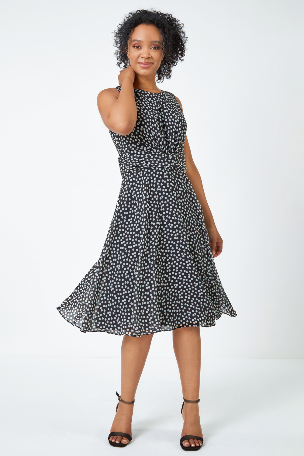 Black Petite Sleeveless Polka Dot Buckle Dress