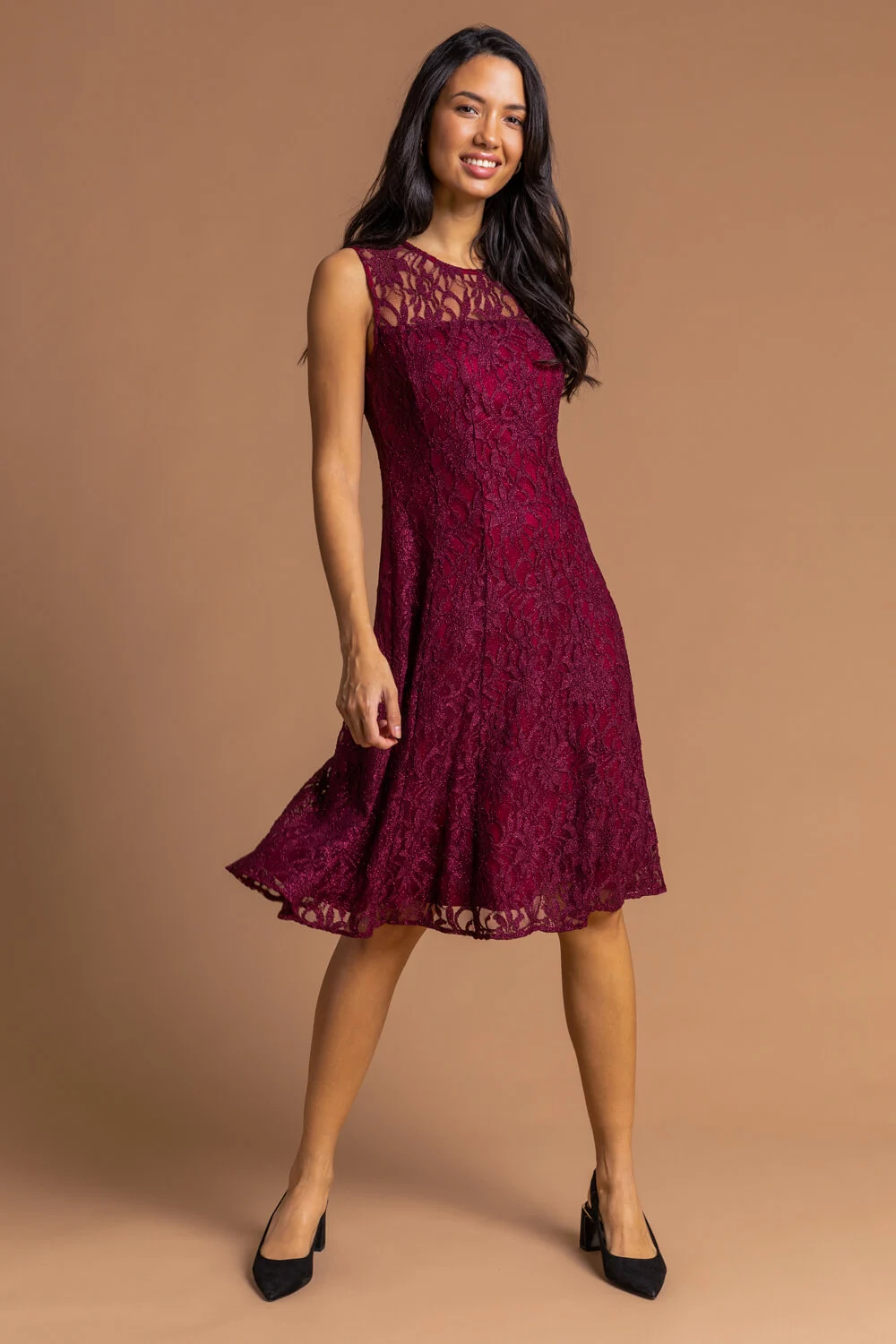 Wine Glitter Lace Fit and Flare Dress