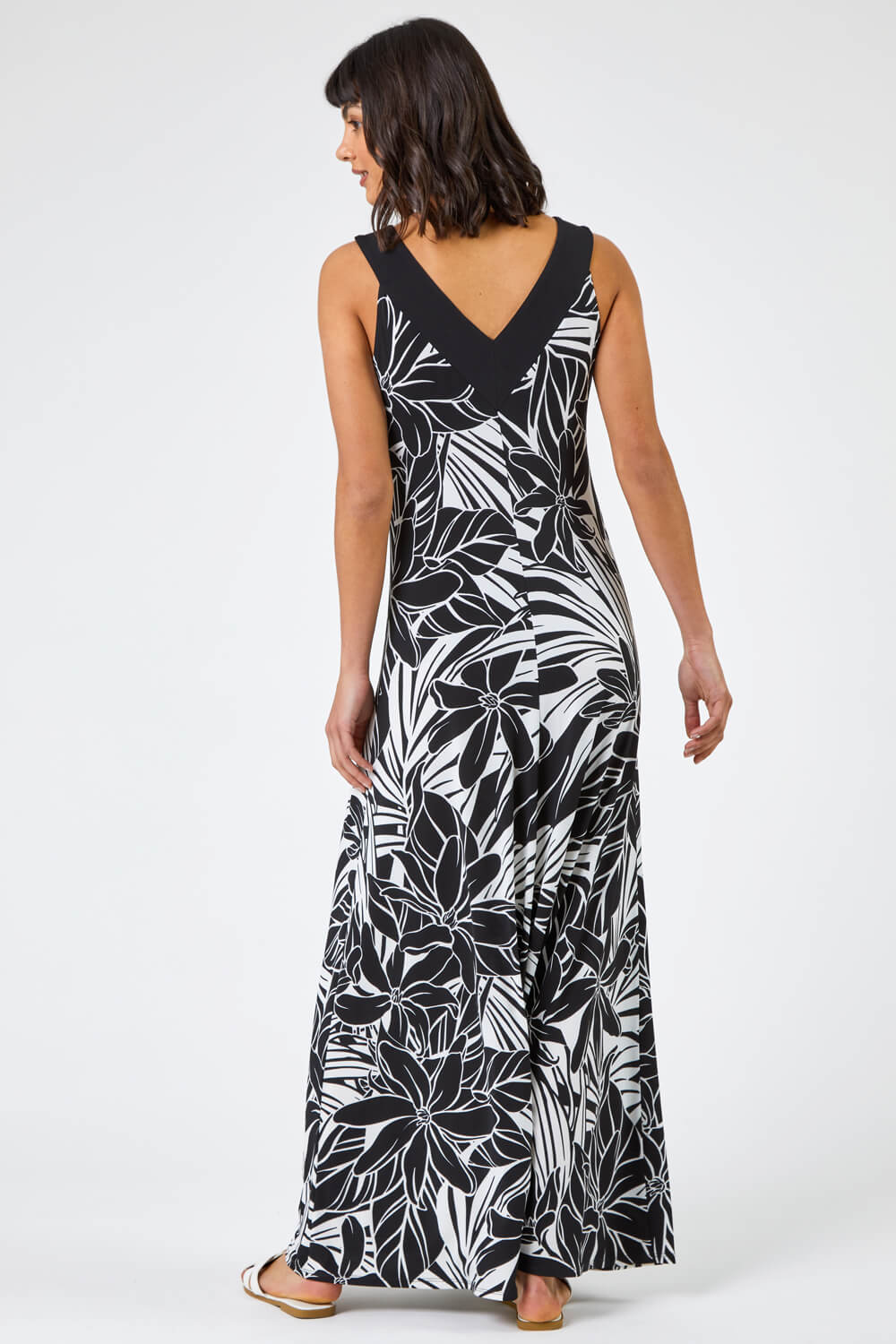Black Floral Print Contrast Band Maxi Dress