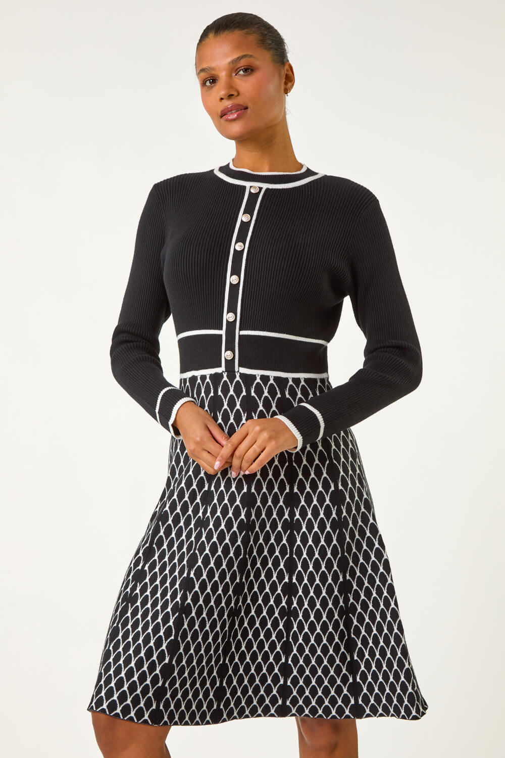 Black Button Detail Knitted Midi Dress
