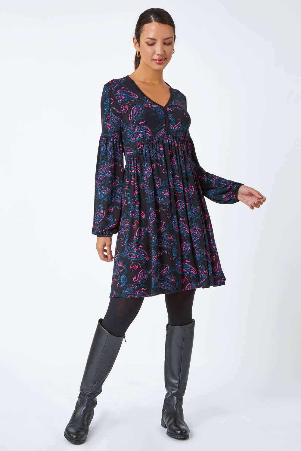 Black Paisley Print Stretch Jersey Dress