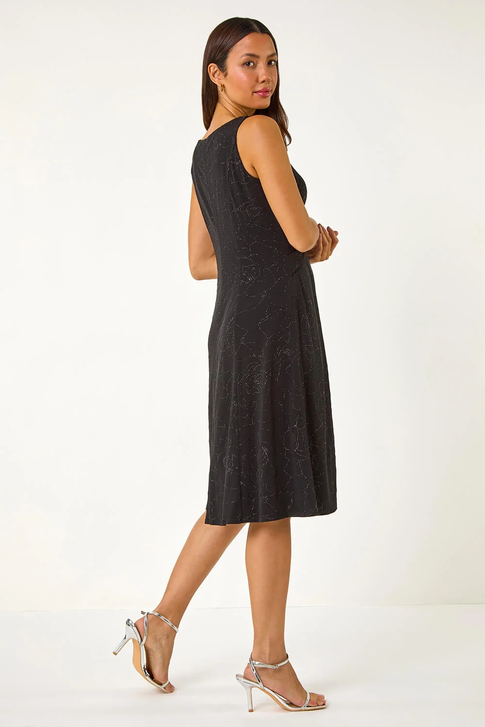 Black Floral Glitter Print Midi Stretch Dress