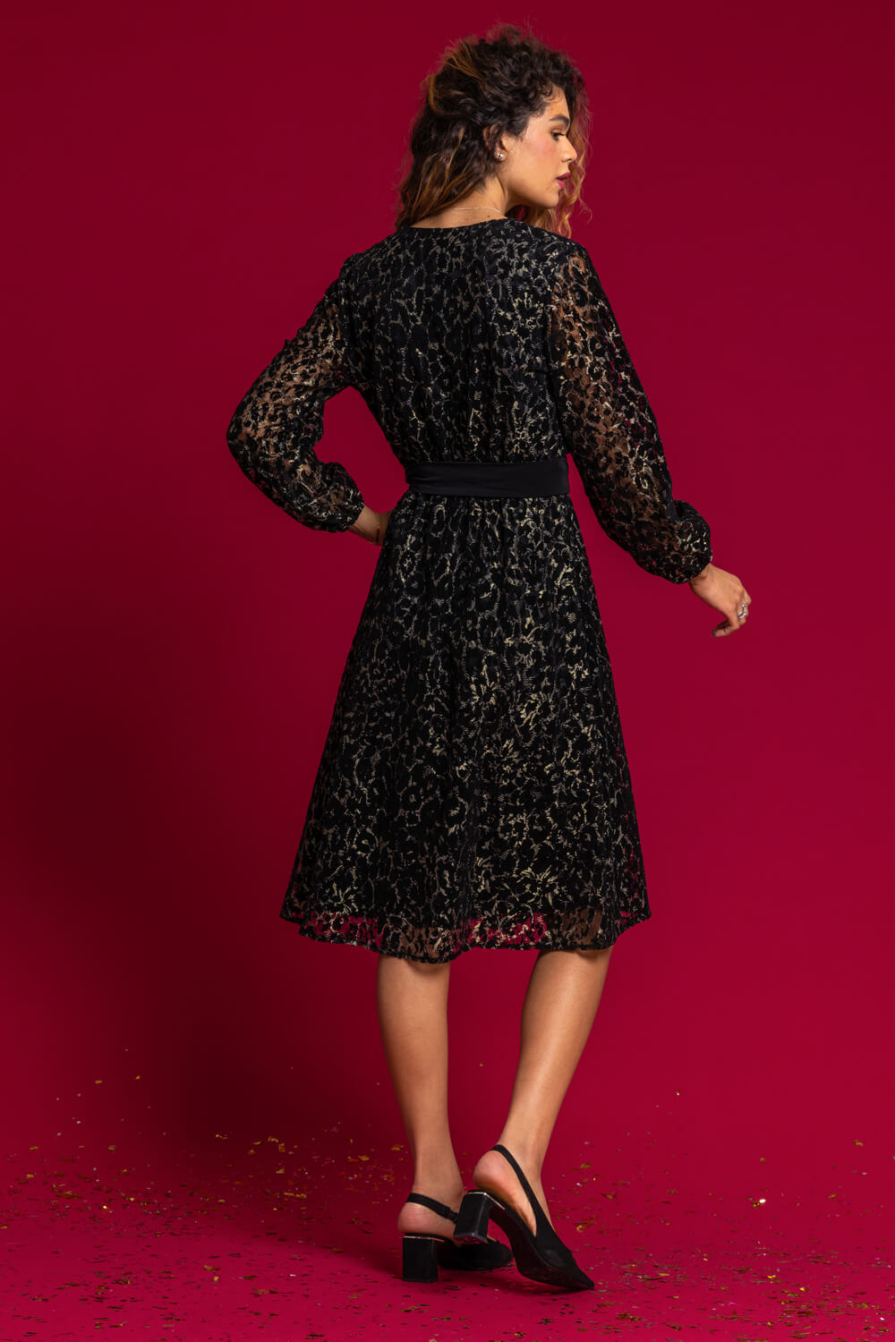Black Leopard Print Shimmer Lace Wrap Skater Dress