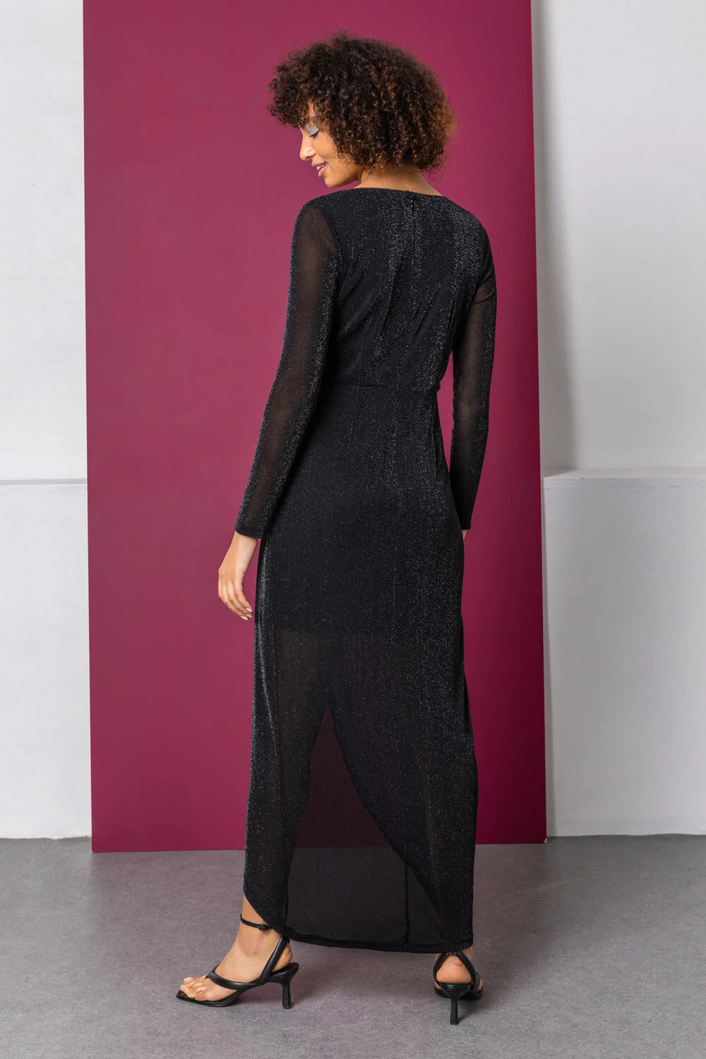 Black Fitted Shimmer Ruched Wrap Maxi Dress