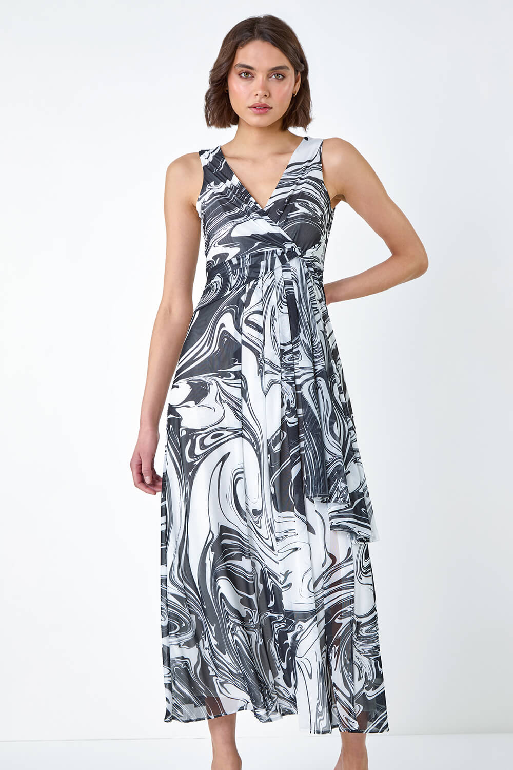 Black Marble Print Wrap Mesh Dress