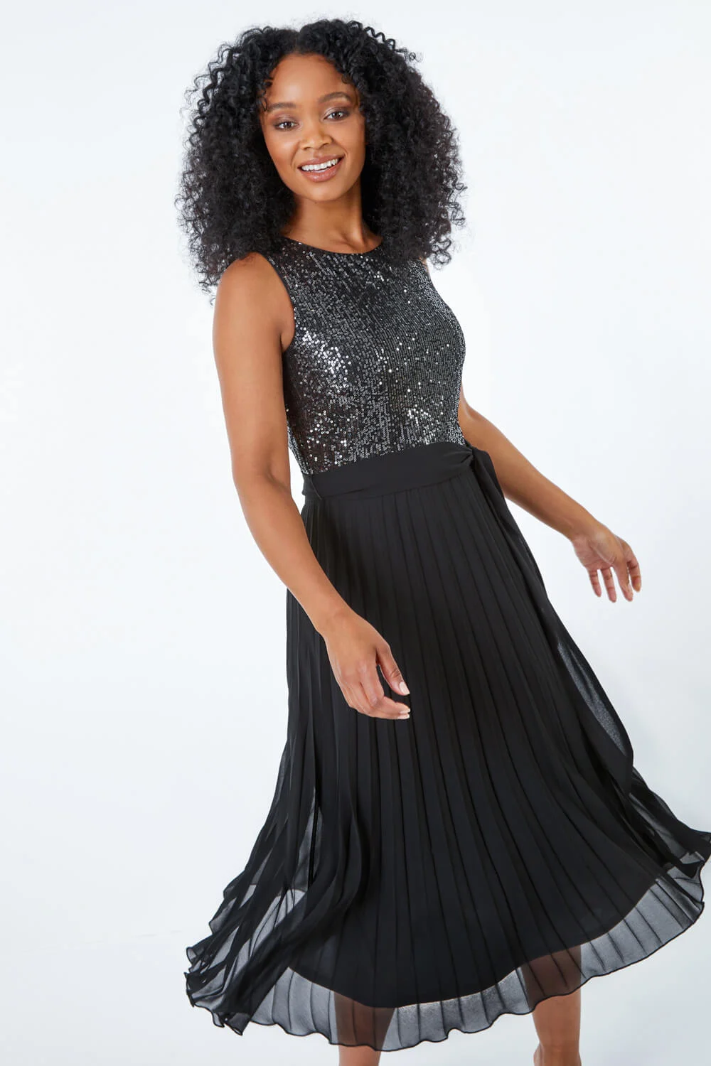 Black Petite Embellished Pleated Midi Dress