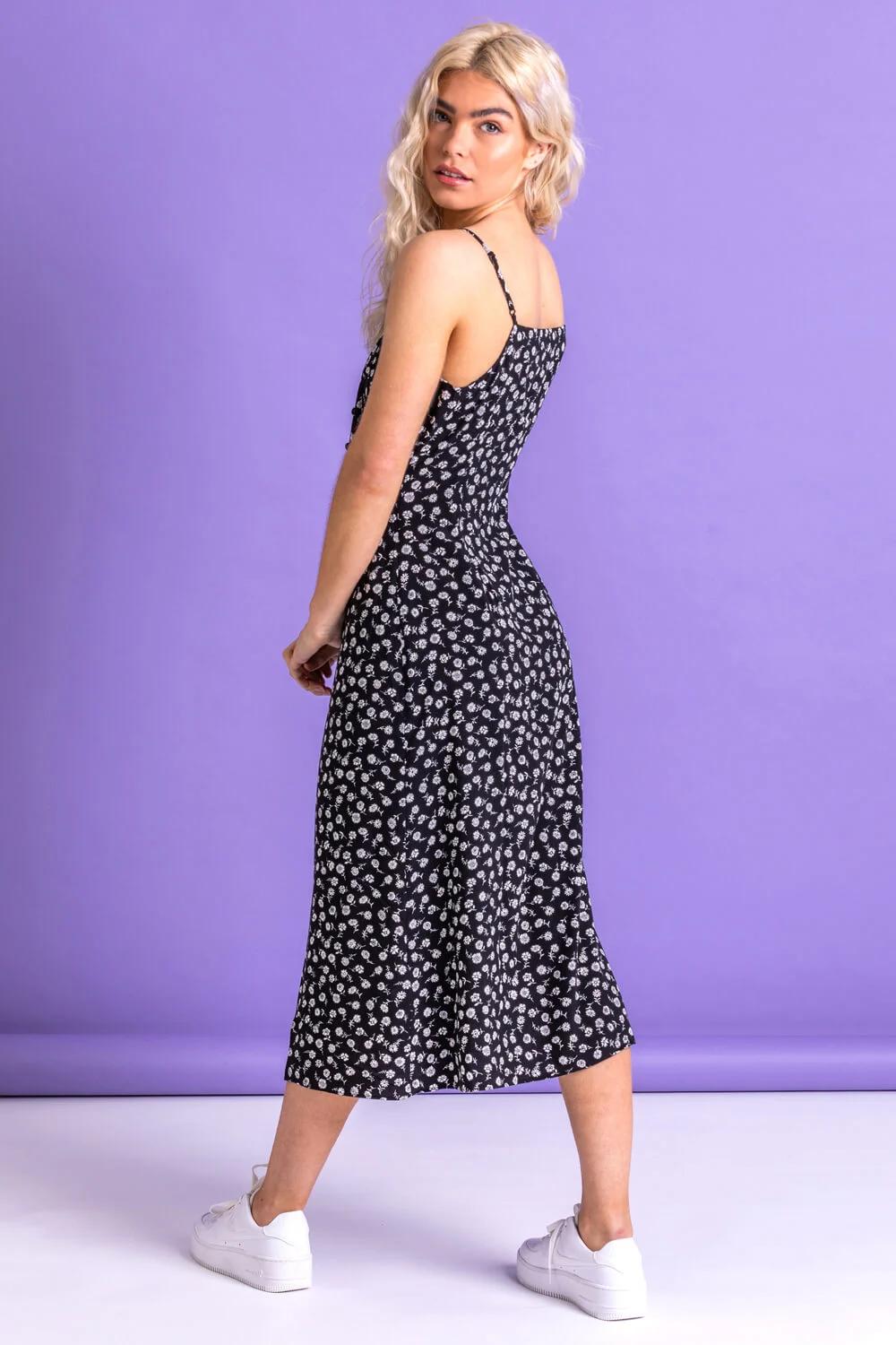 Black Ditsy Floral Print Midi Dress