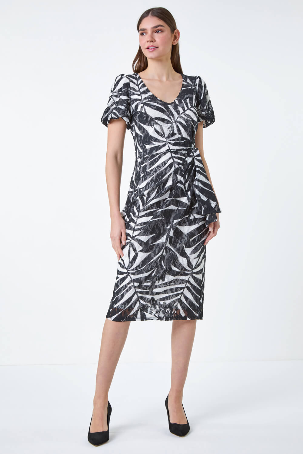 Black Leaf Print Stretch Bodycon Lace Tie Dress