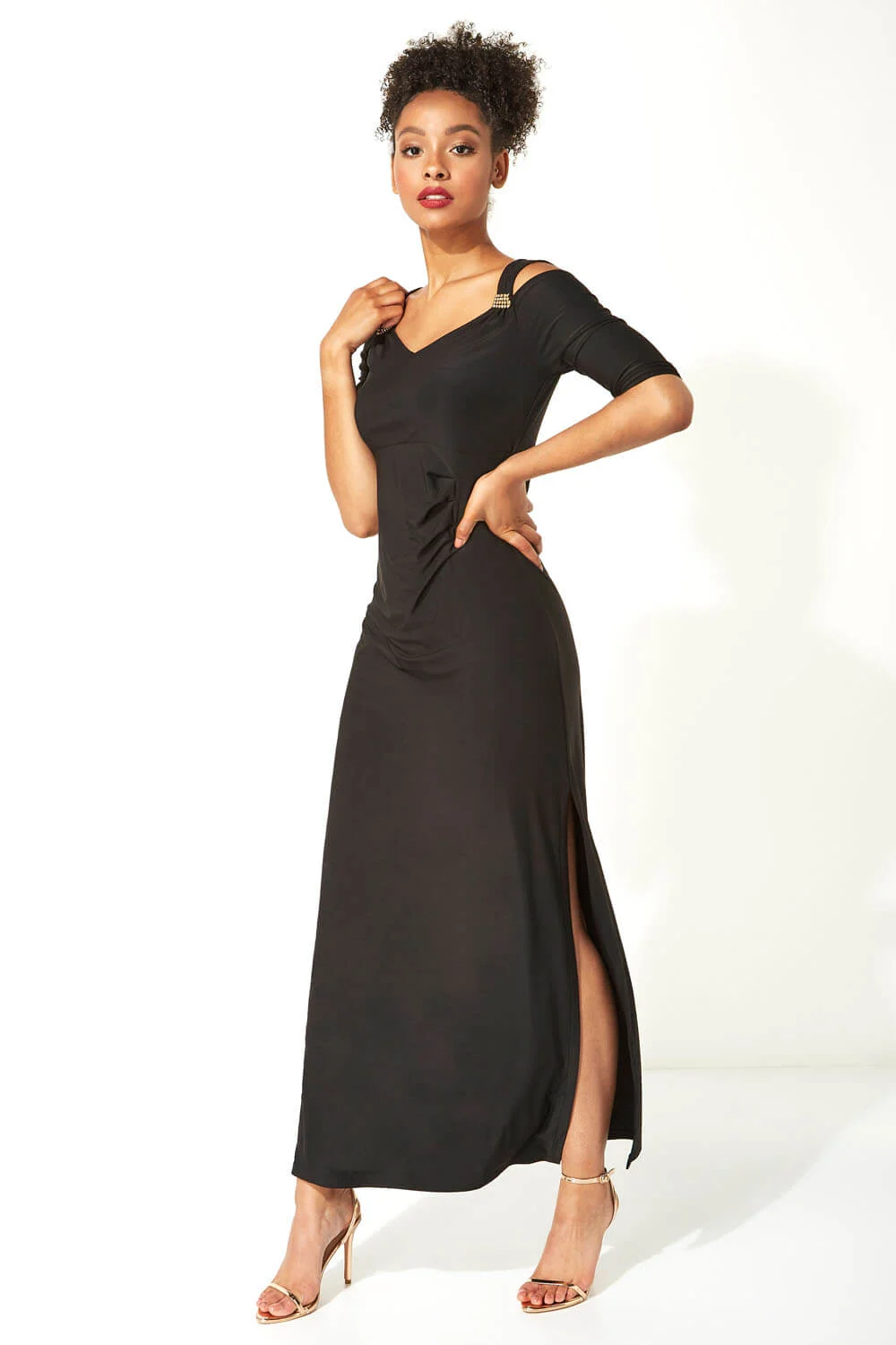 Black Cold Shoulder Diamante Maxi Dress