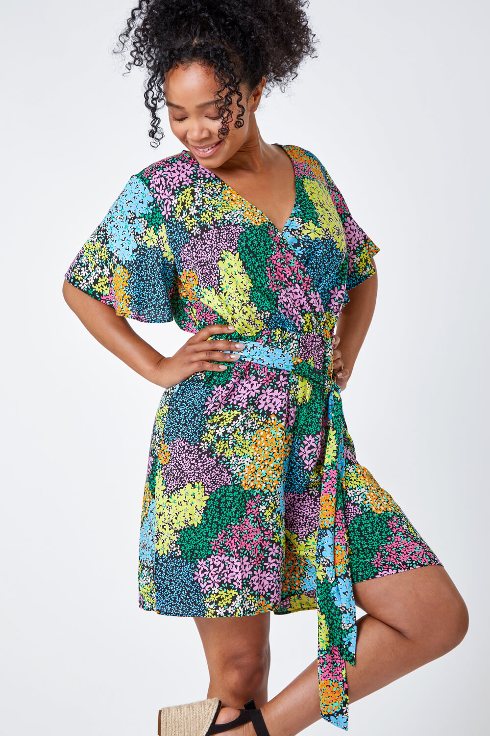 Black Petite Ditsy Floral Belted Wrap Playsuit