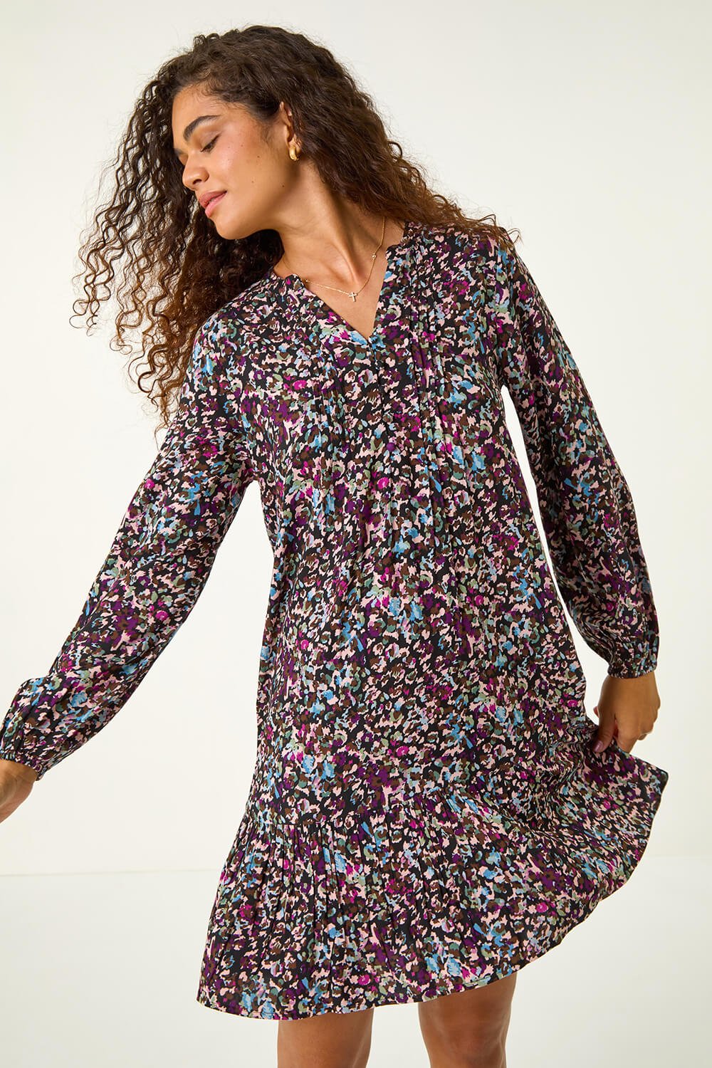 Black Animal Abstract Pintuck Smock Dress