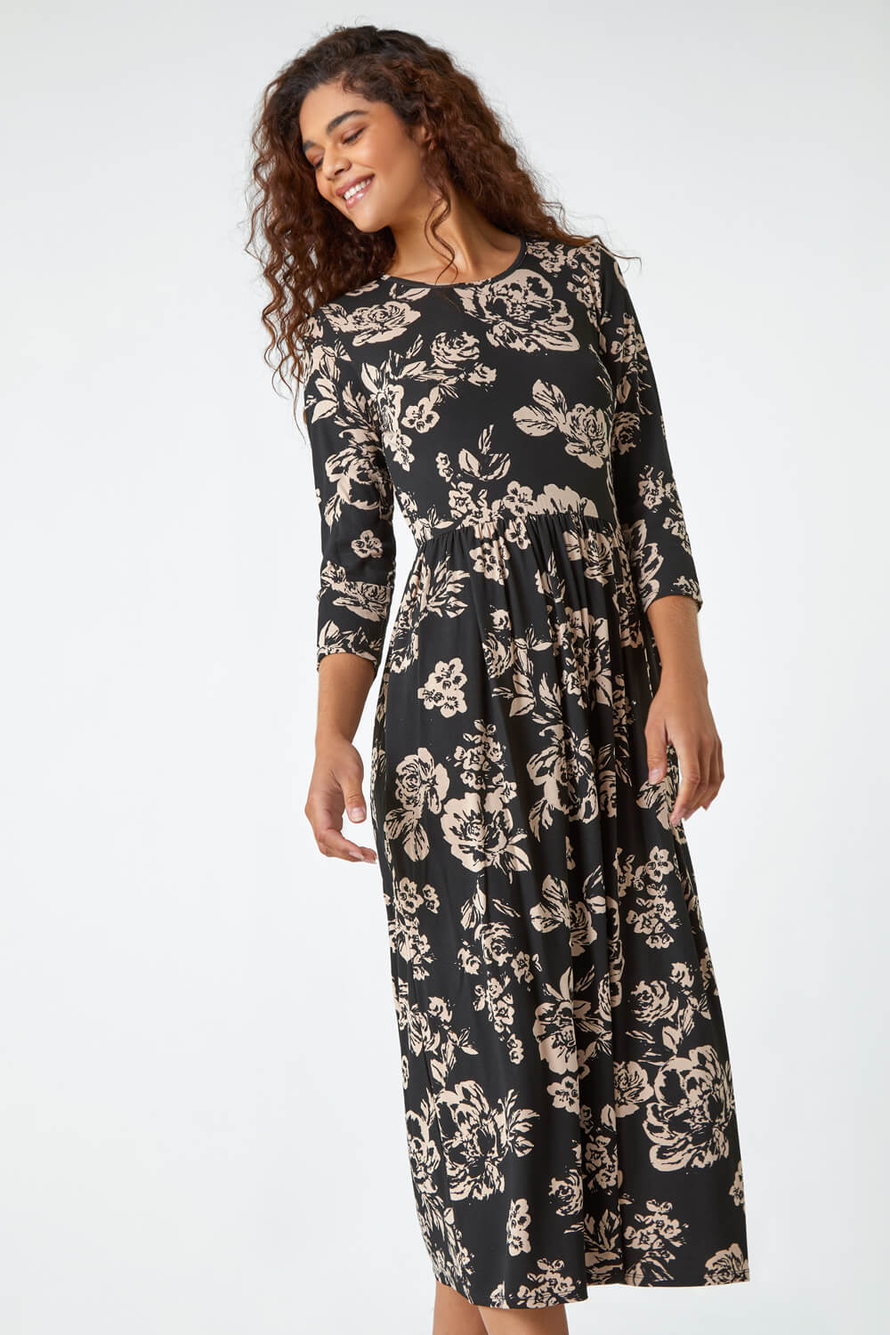 Black Floral Pocket Stretch Midi Dress