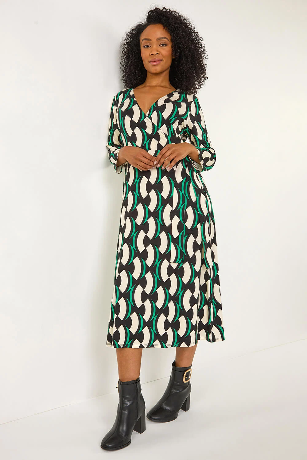 Black Petite Geometric Tie Waist Stretch Midi Dress