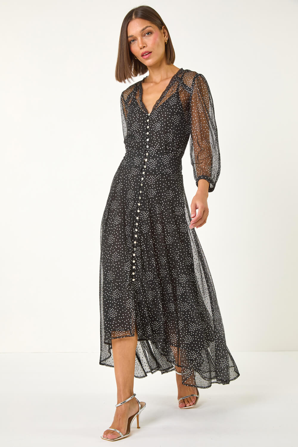 Black Foil Print High Low Maxi Dress