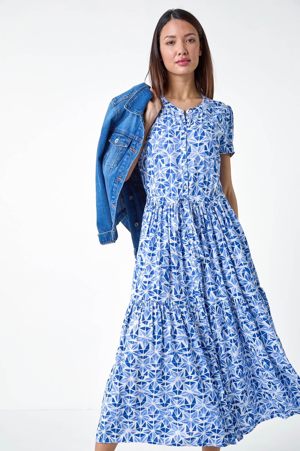 Blue Geo Print Button Through Midi Dress