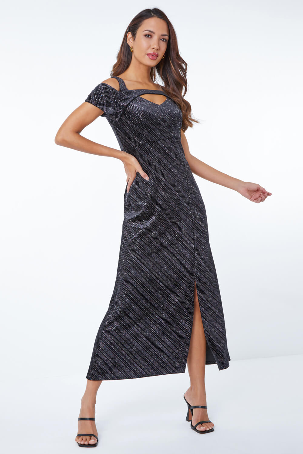 Black Glitter Velvet Cold Shoulder Maxi Dress