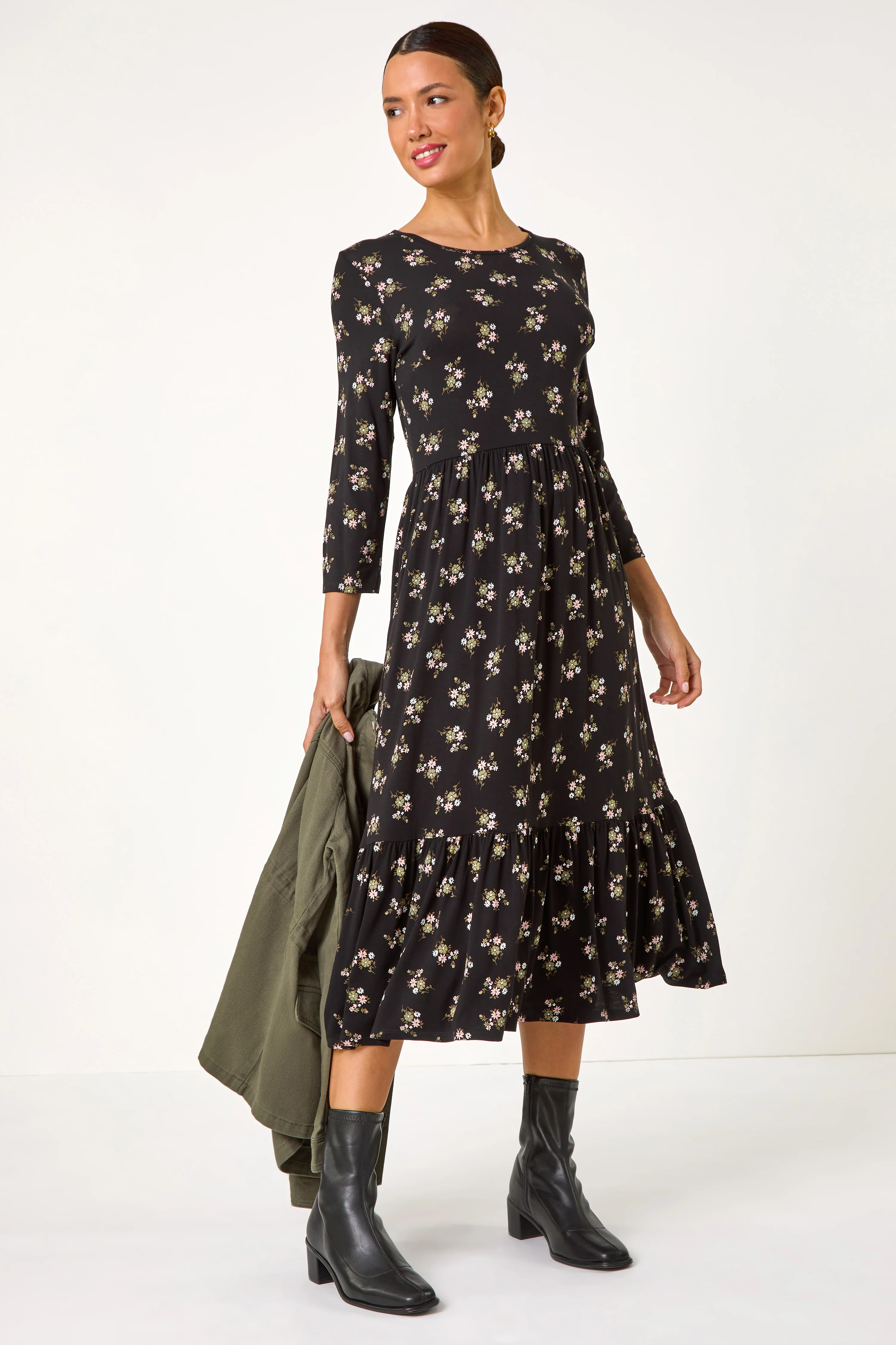 Black Floral Print Frill Hem Stretch Midi Dress