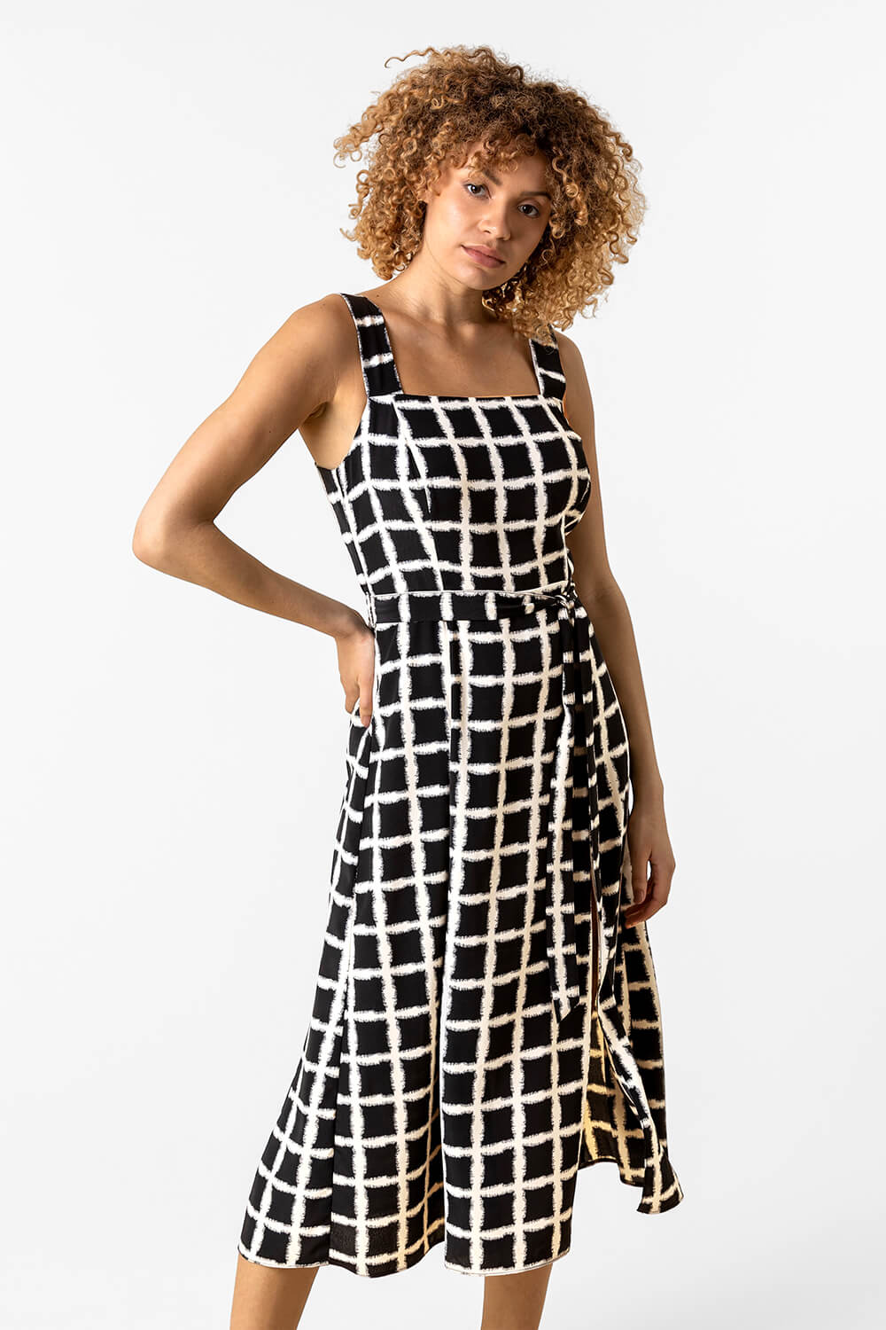 Black Belted Check Print Midi Dress