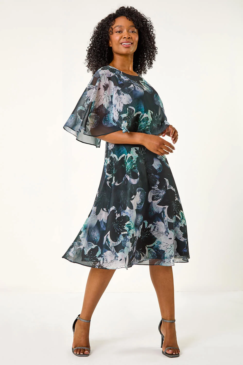 Black Petite Abstract Floral Print Cape Dress