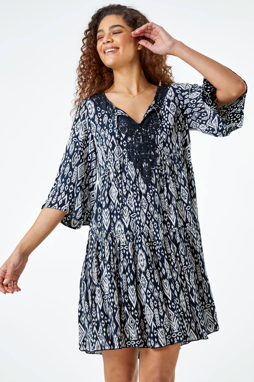 Black Aztec Print Lace Detail Smock Dress