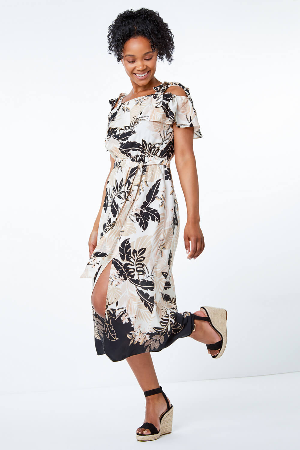 Beige Petite Tropical Print Frill Detail Midi Dress
