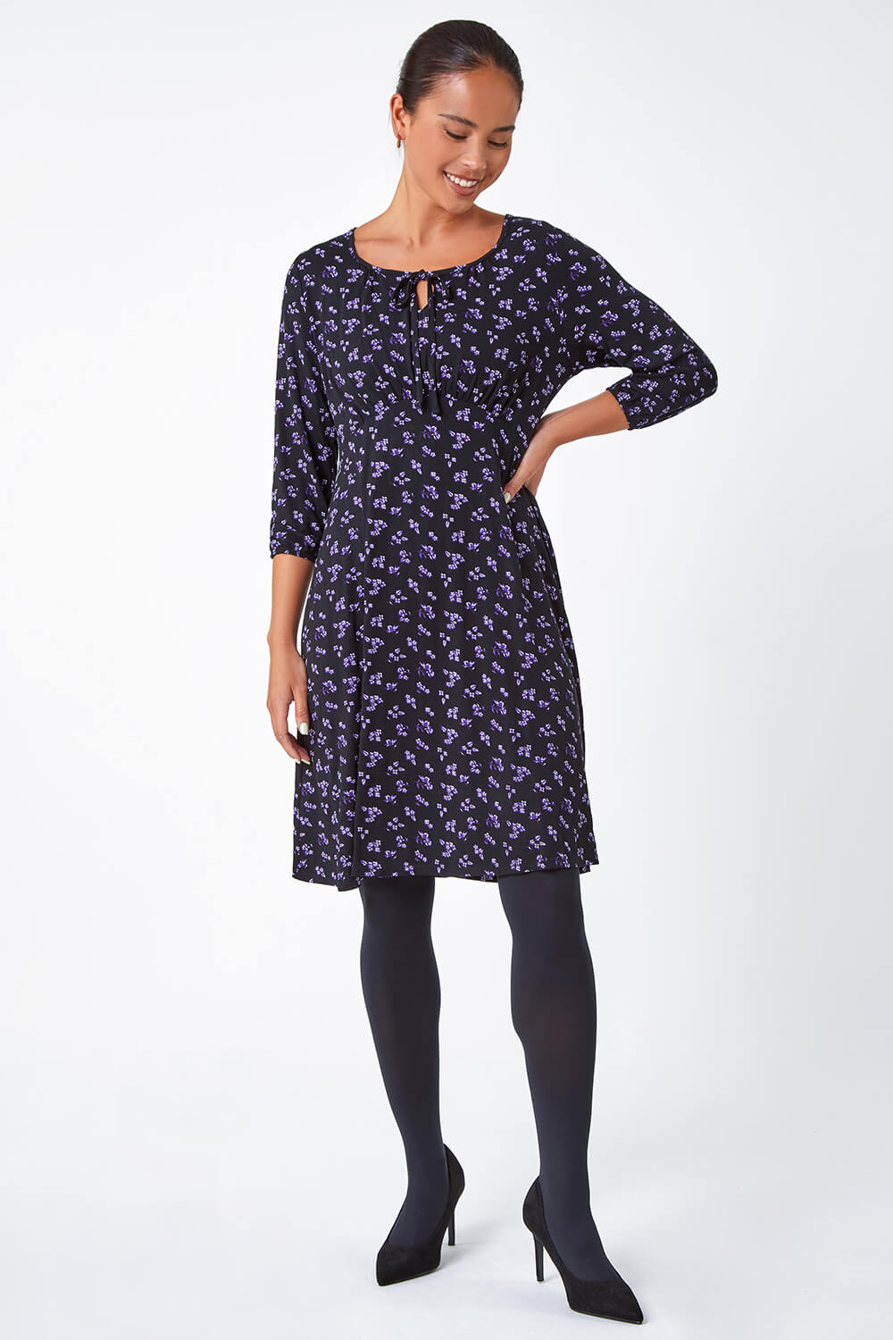 Black Petite Ditsy Floral Stretch Tea Dress