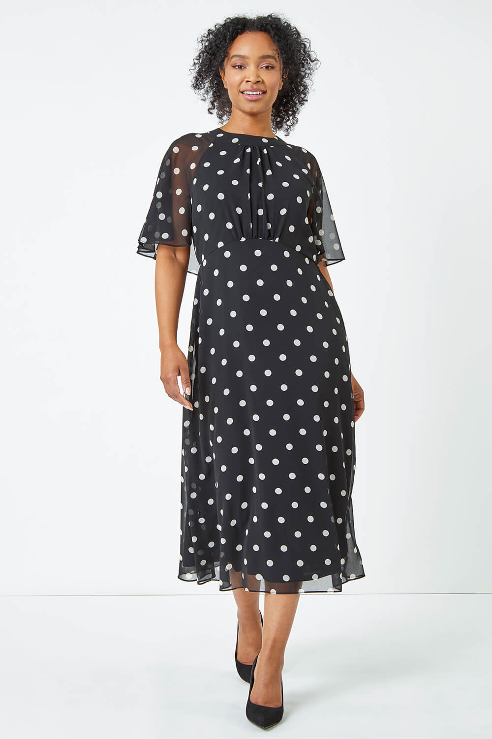 Black Petite Polka Dot Chiffon Midi Dress