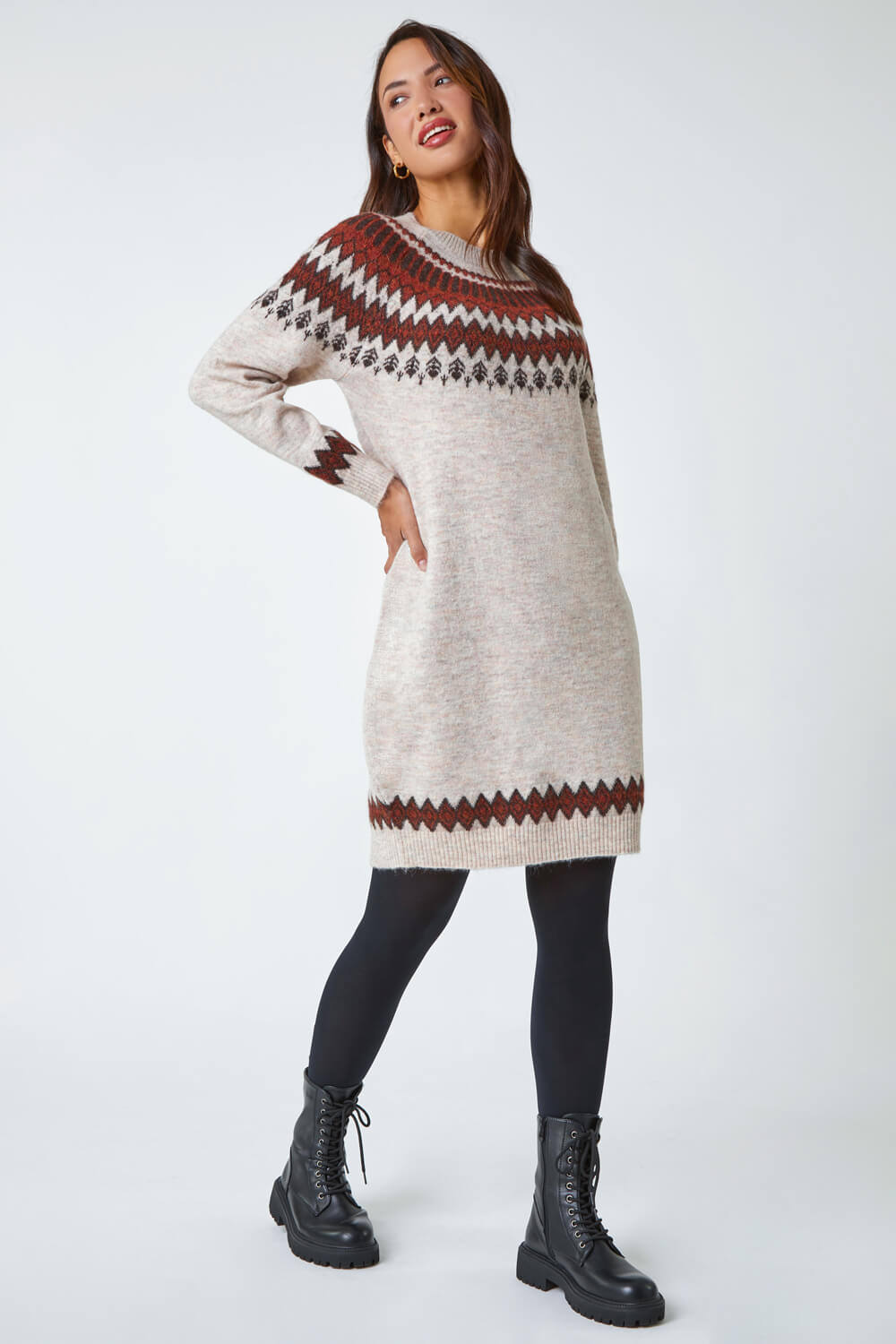 Biscuit Soft Knit Fairisle Jumper Dress