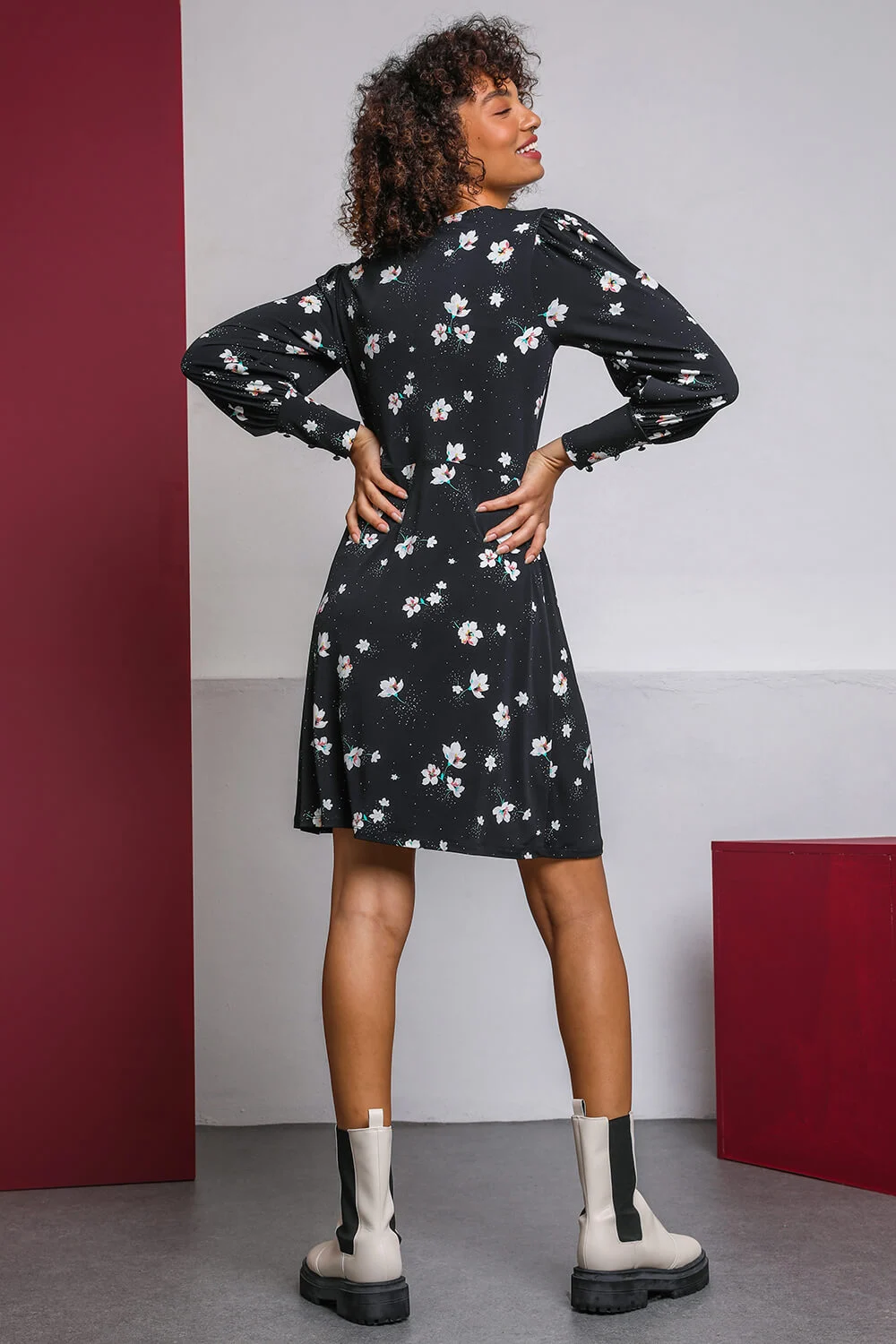 Black Floral Print Fit & Flare Tea Dress