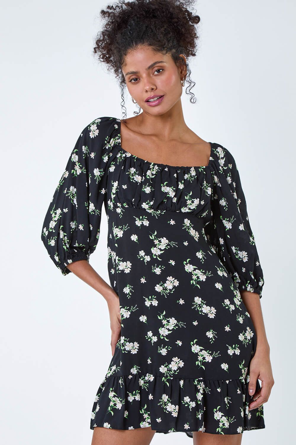 Black Floral Tie Back Frill Hem Dress