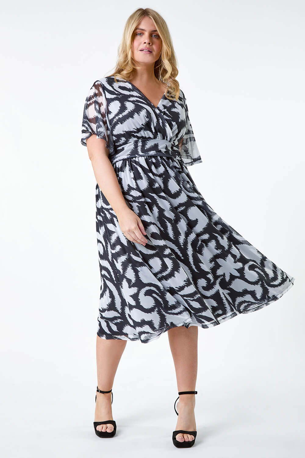 Black Curve Abstract Stretch Mesh Wrap Dress