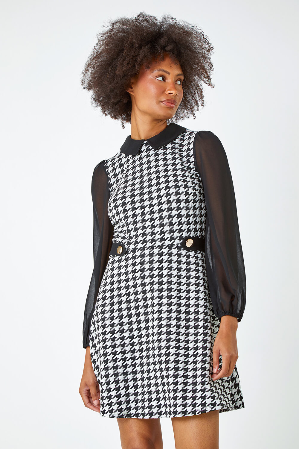 Black Dogtooth Check Stretch Shirt Dress