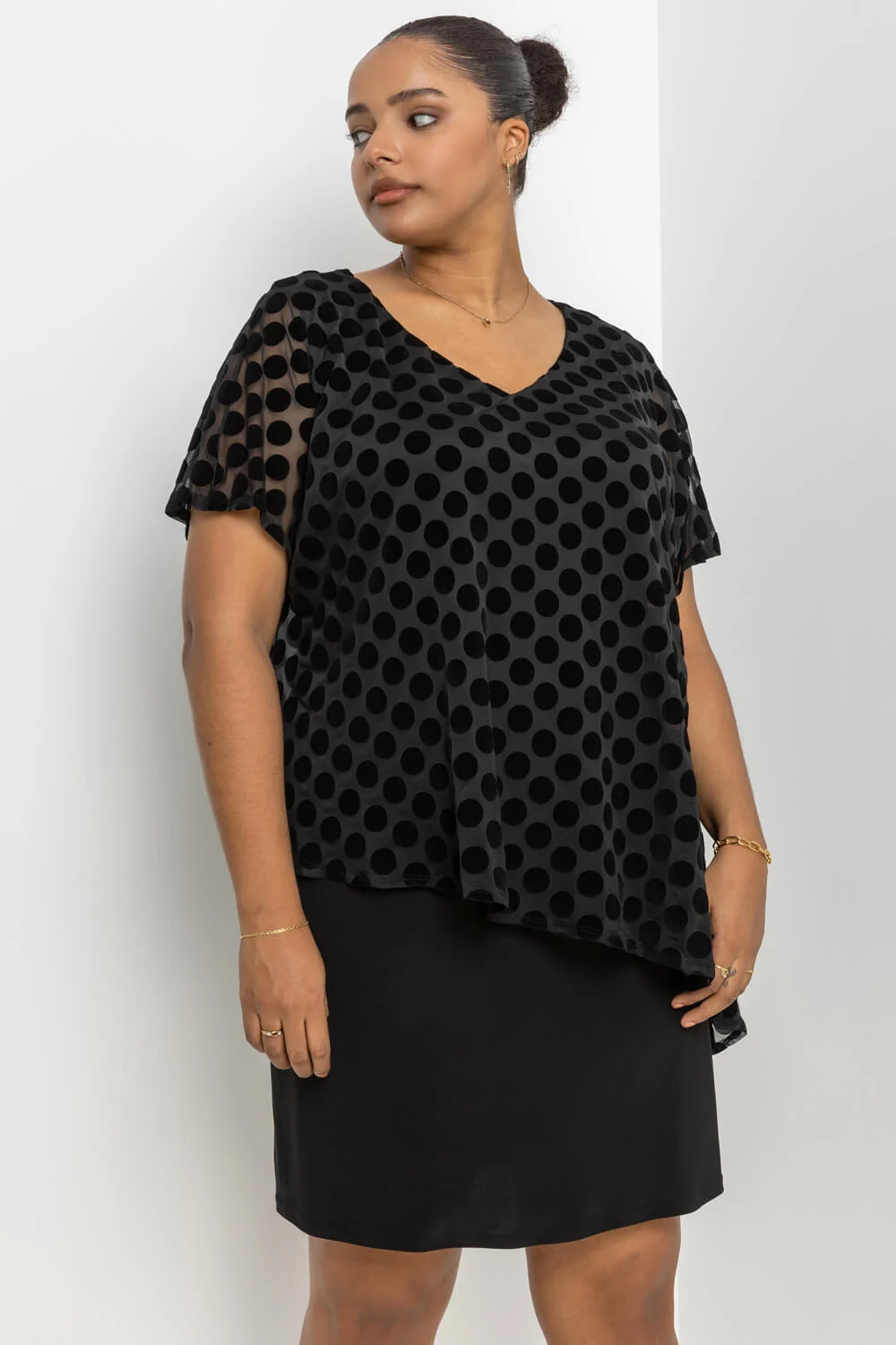 Black Curve Flock Spot Overlay Dress