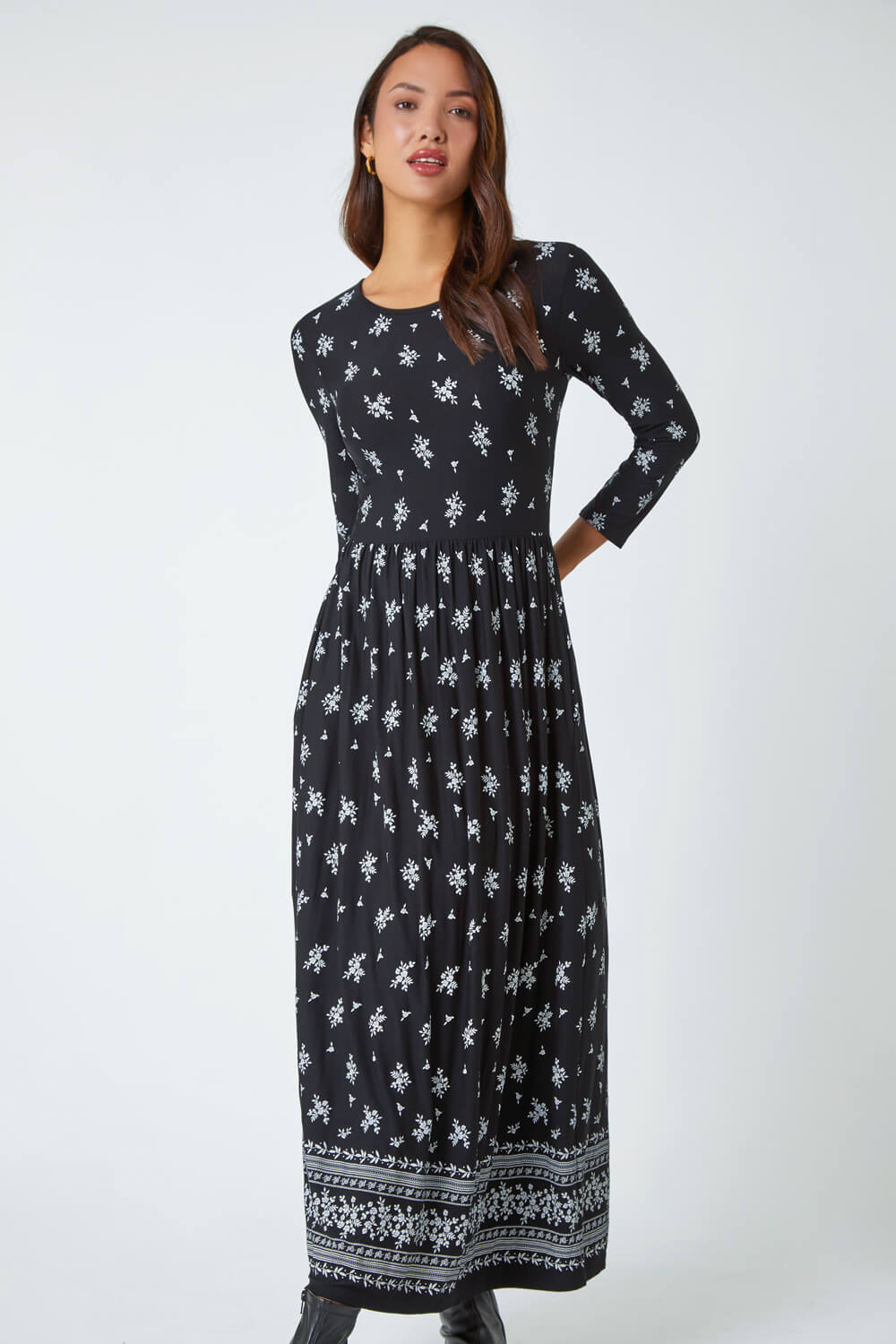 Black Floral Border Print Maxi Stretch Dress