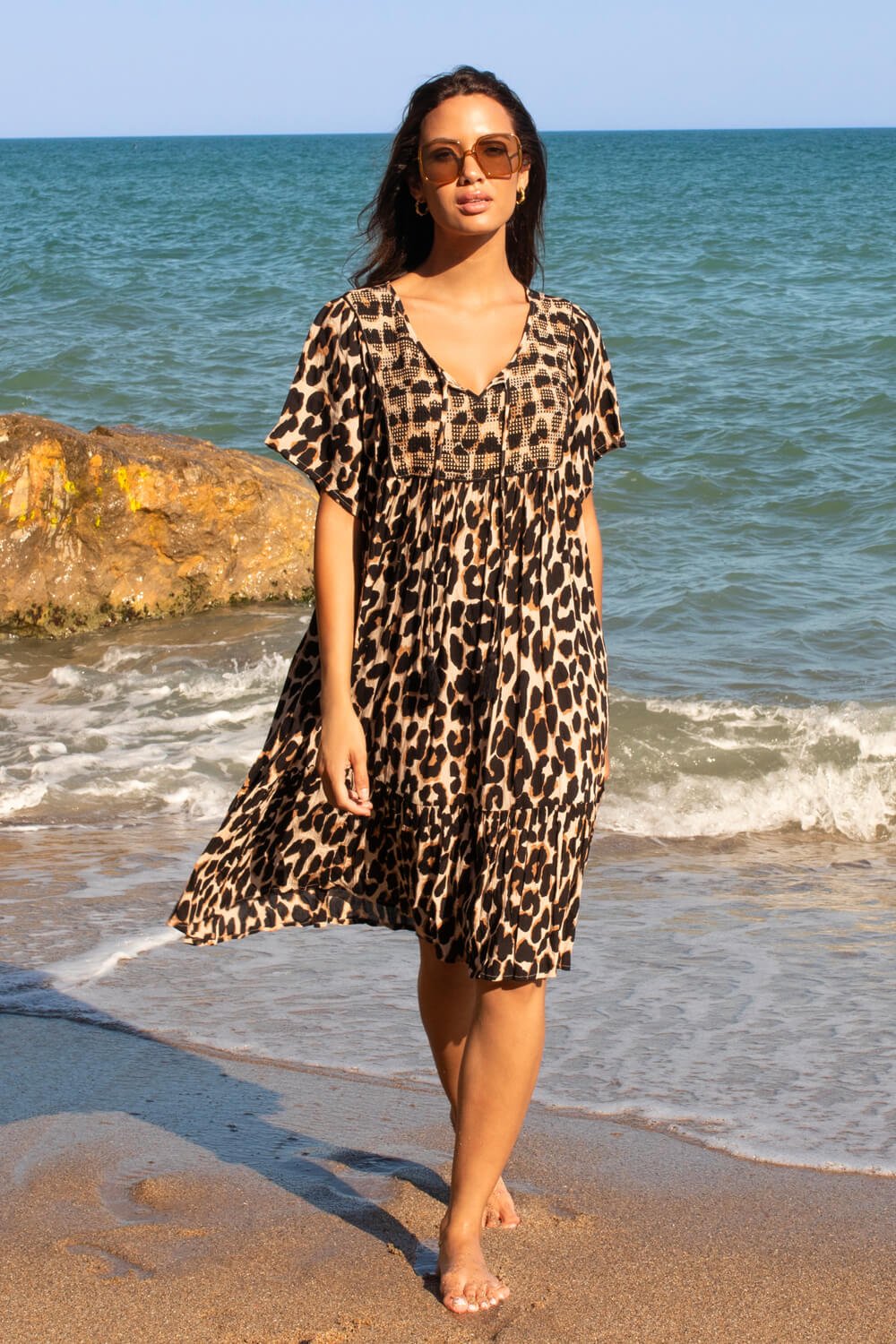 Beige Leopard Print Frill Hem Smock Skater Dress