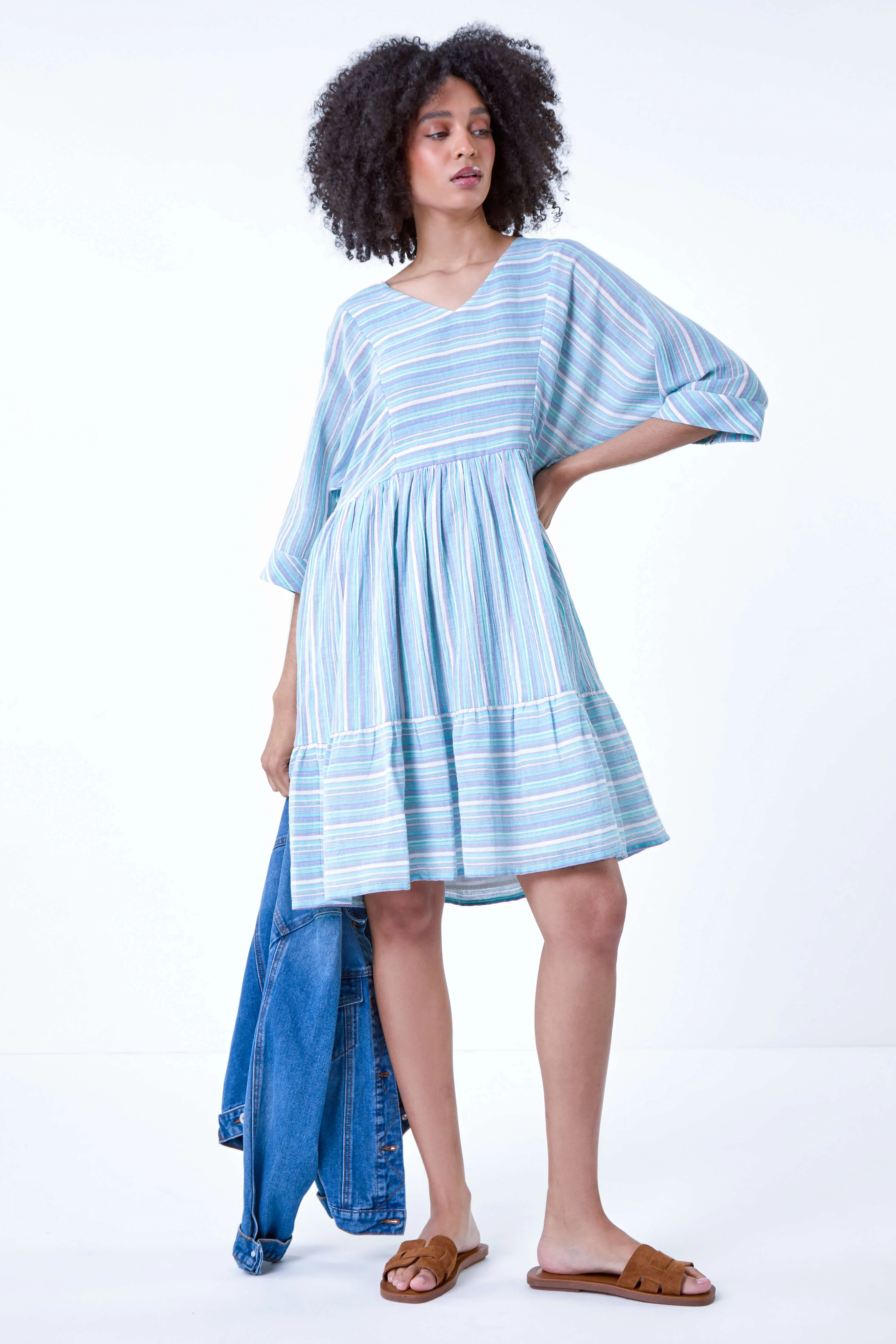 Aquamarine Cotton Stripe Print Smock Dress