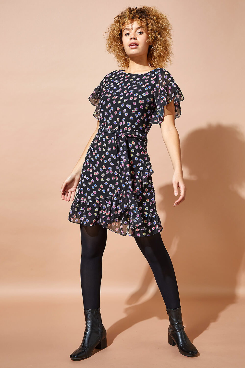 Black Floral Print Frill Hem Dress