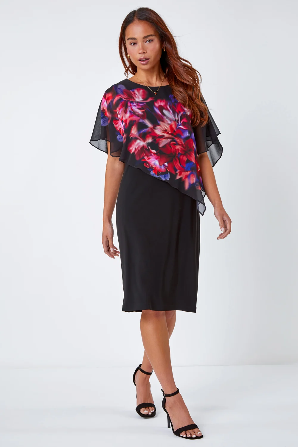 Black Petite Floral Chiffon Overlay Asymmetric Dress