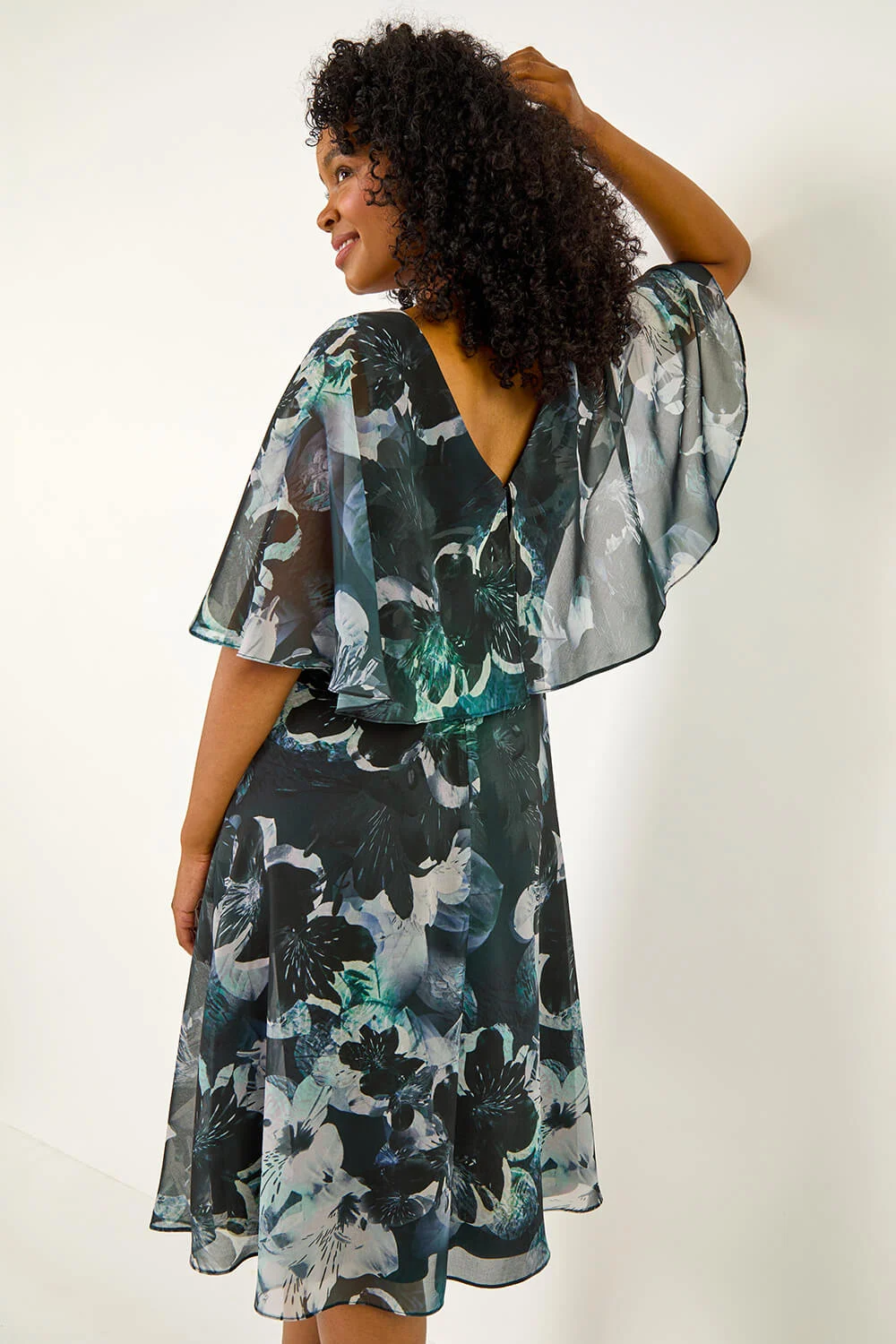 Black Petite Abstract Floral Print Cape Dress