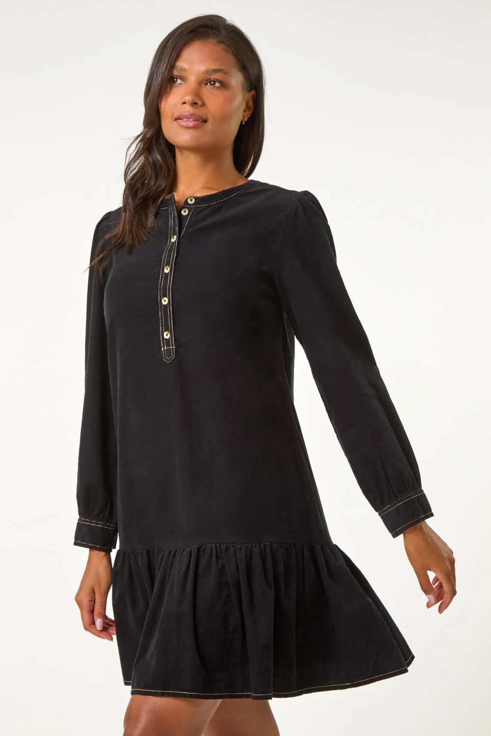 Black Corduroy Button Detail A-Line Dress