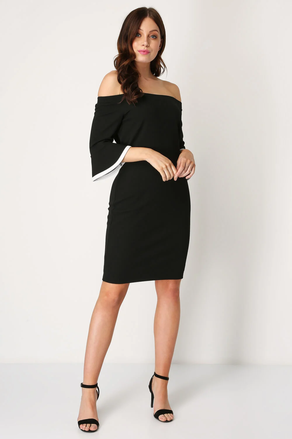 Black Bardot Contrast Trim Flute Sleeve Dress