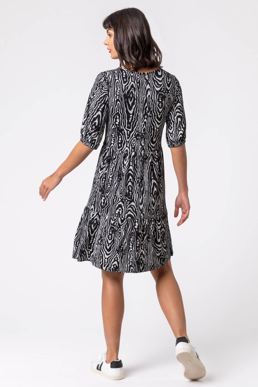 Black Animal Print Tiered Ruched Detail Dress