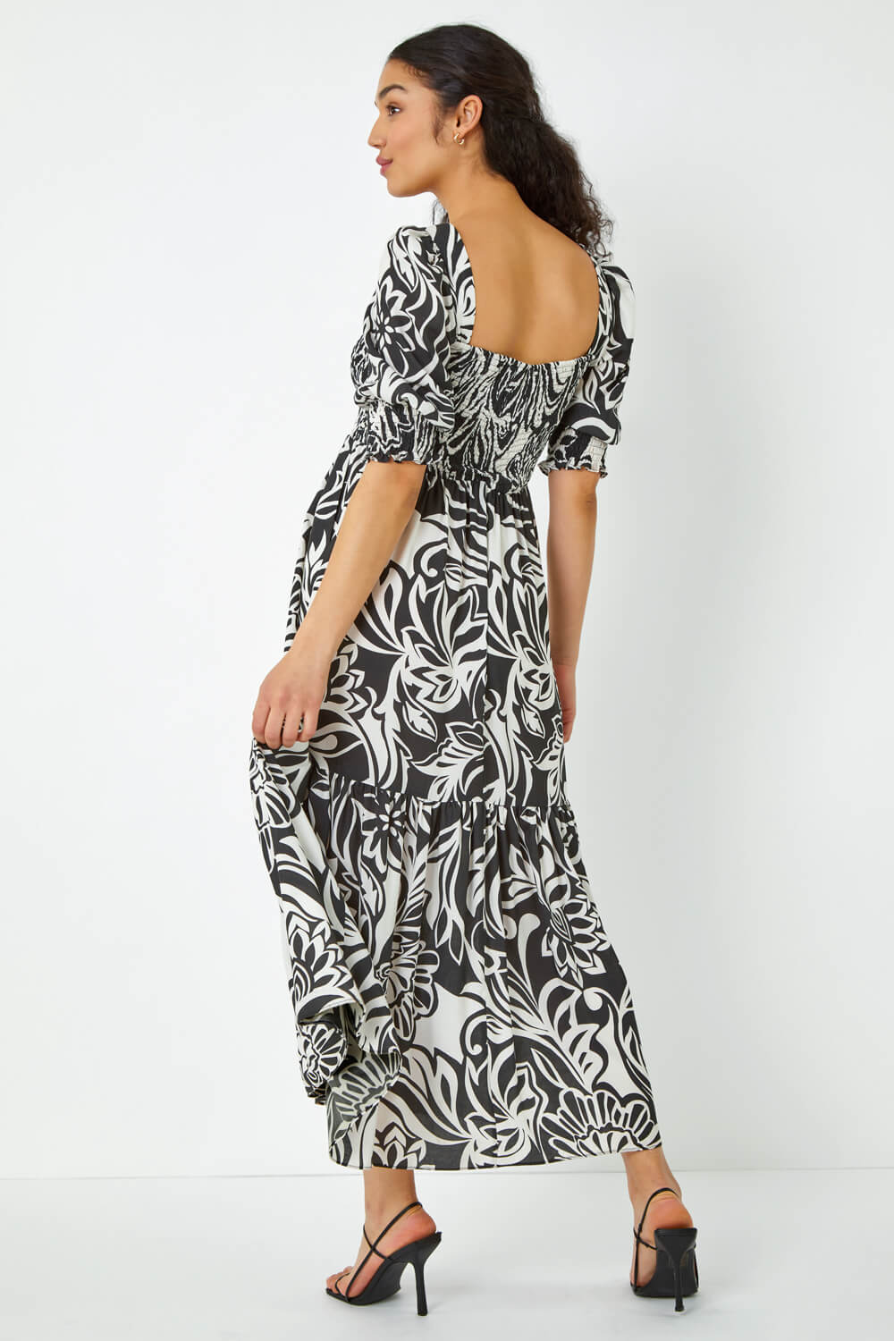 Black Floral Contrast Print Midi Dress